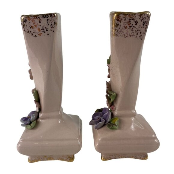 Vintage 1950s Set of 2 Pink/Gold Bud Vases w/ Applied Flowers Darvill LA Cali - Picture 8 of 13